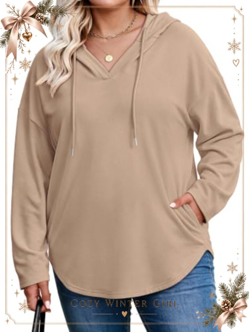 Plus Size V Neck Pullover Hoodie Long Sleeve Pocket Sweatshirt Relaxed Fit